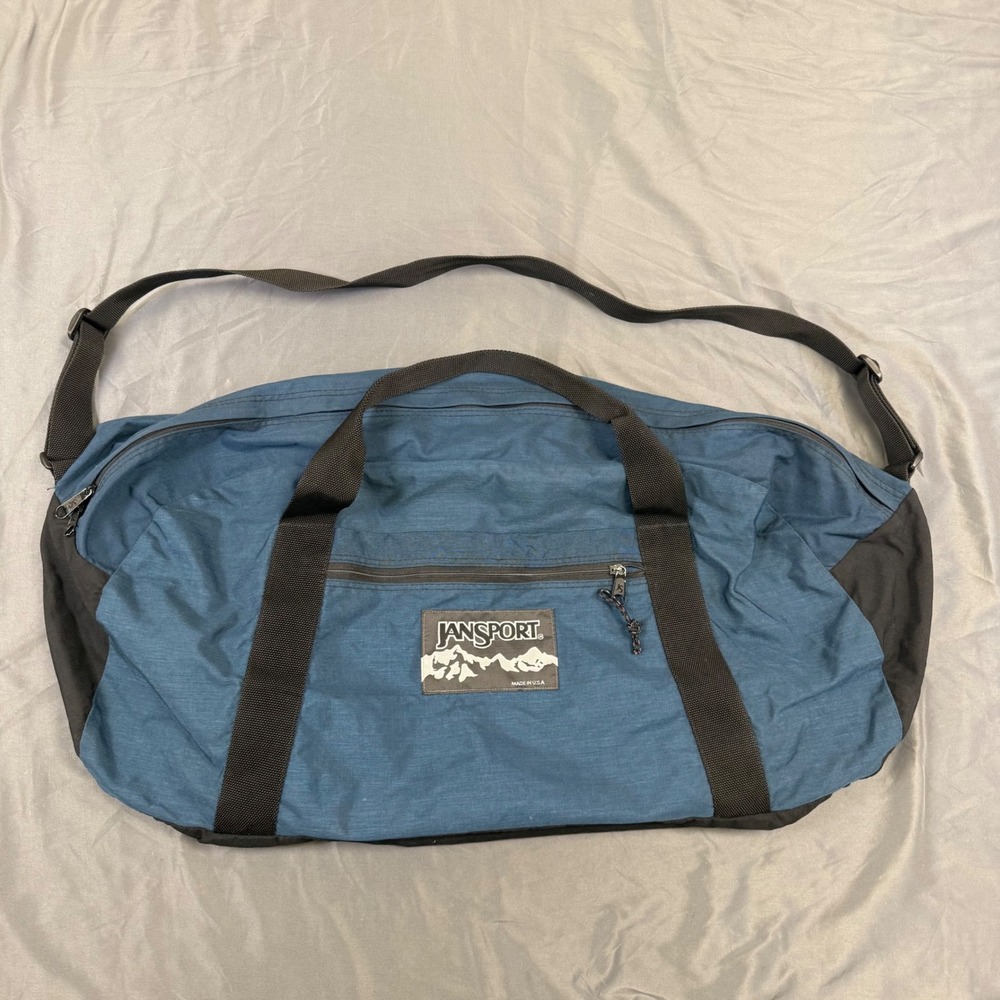 Vintage JanSport Duffel Bag Blue Black Made in USA 90s Travel Gym Luggage